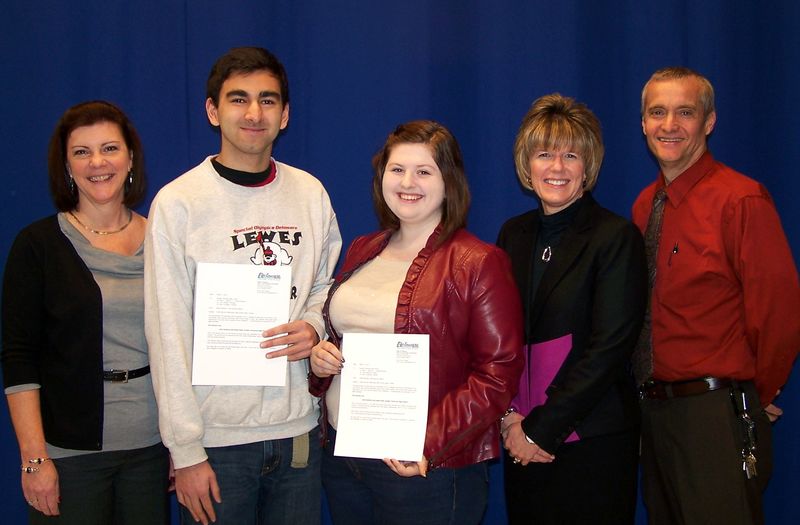 Congratulating winners of the Cyber Security Awareness High School Video Contest are (l-r) Dr. Amelia Hodges, supervisor of support services for Sussex Tech; winners Adam Kelly and Julia Hawkins; Elayne Starkey, chief security officer, Delaware Department of Technology and Information; and Phil Wilson, computer operations chief for Sussex Tech. SOURCE SUBMITTED